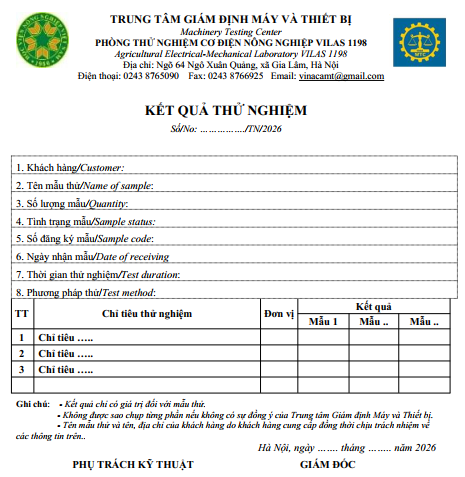 Mẫu kết quả thử nghiệm
